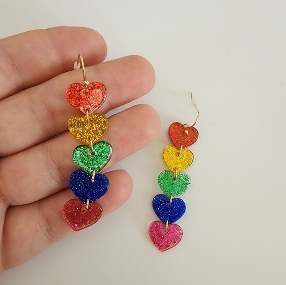 NEW Multi Glitter Resin Heart Dangle Earrings - Picture 6 of 6